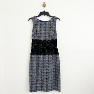 David Meister Wool Blend Blue Tweed Sleeveless Shift With Lace Detail Size 8